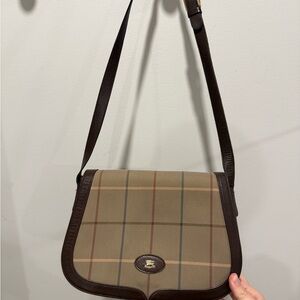 Burberry Beige Plaid Crossbody with Brown Leather Trim